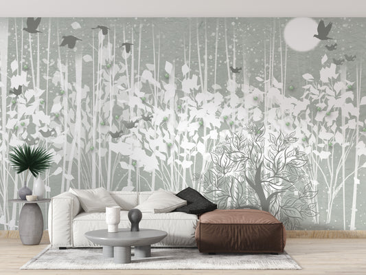 3d Winter Snow Forest wallpaper mural with white trees and birds behind a sofa and brown leather ottoman