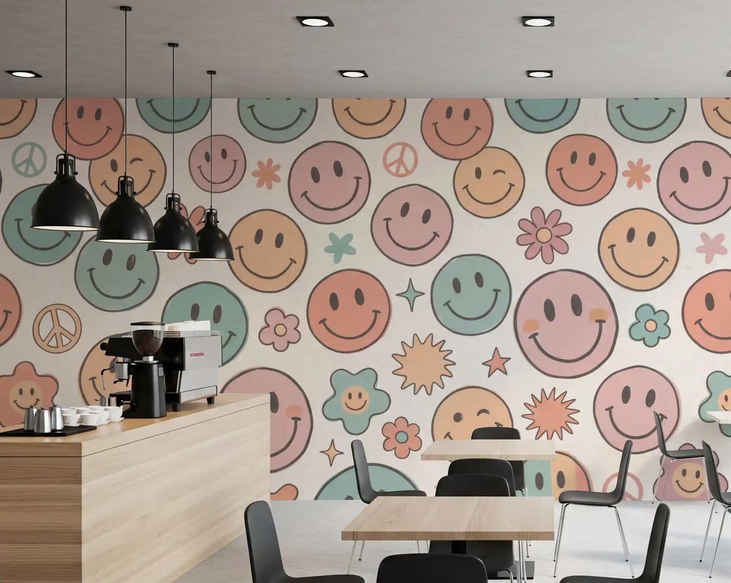 Papier peint panoramique mural rétro à visages joyeux et sourires psychédéliques