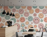 Papier peint panoramique mural rétro à visages joyeux et sourires psychédéliques