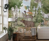Cute animal forest friend mural wallpaper for kids' rooms.