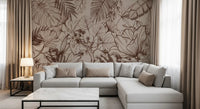 Papier peint panoramique mural botanique monochrome en dessin au trait
