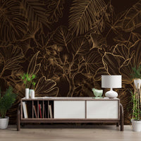Papier peint panoramique mural botanique doré feuillage
