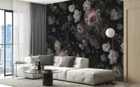 Pink Roses and Dark Wild Flowers Wallpaper Mural - Giffywalls