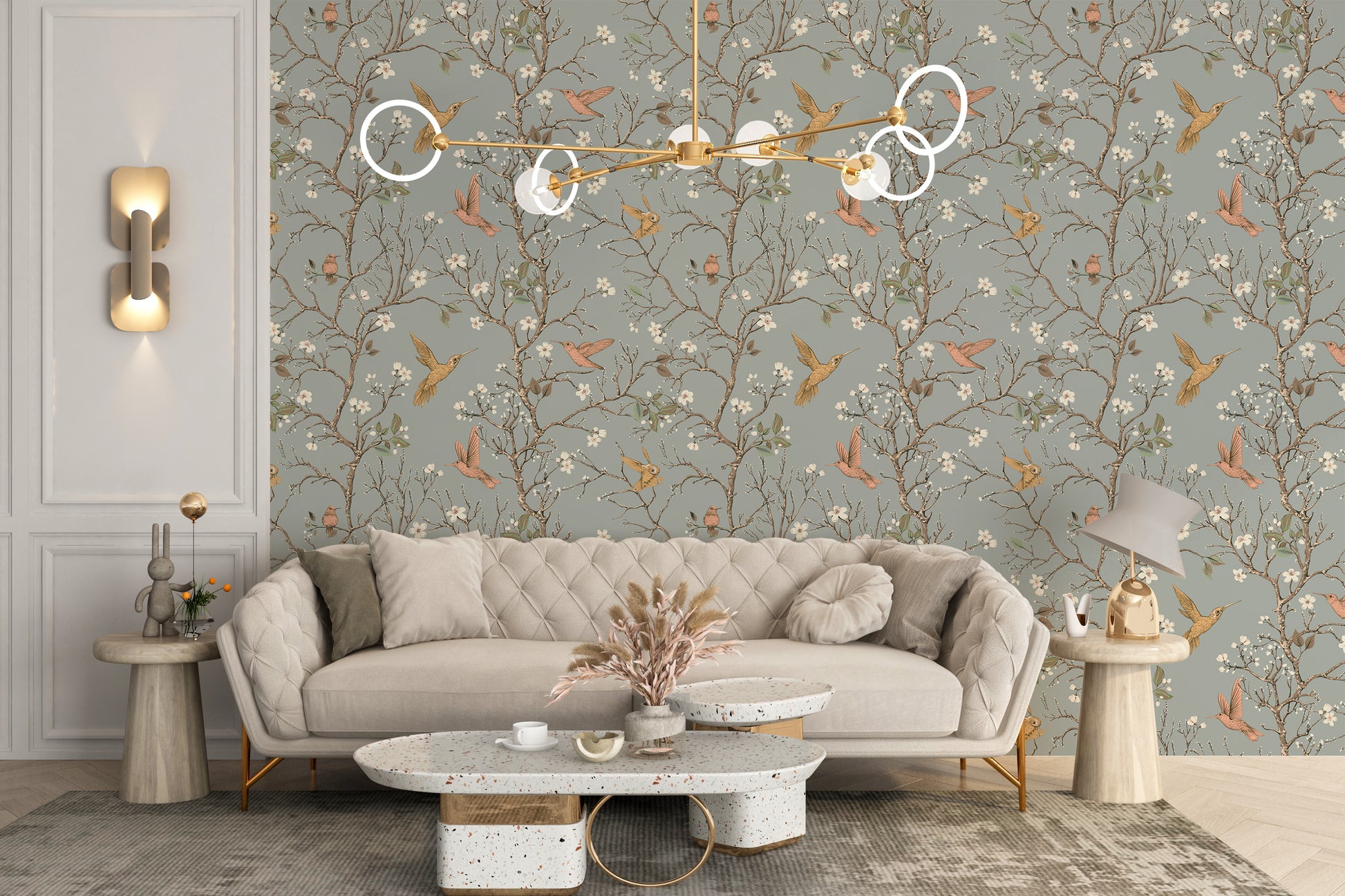 Hummingbirds in a floral wallpaper design