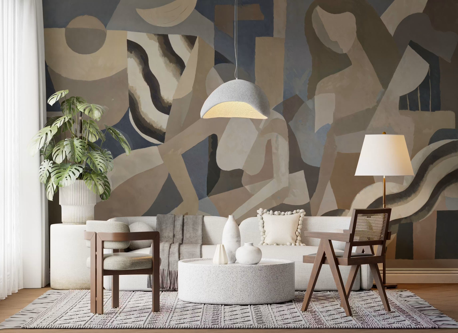 Contemporary smoke effect mural with curved abstract beige-grey patterns