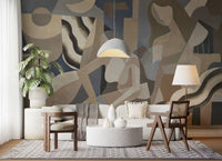 Contemporary smoke effect mural with curved abstract beige-grey patterns