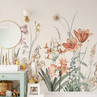 Artistic floral wall mural with painted tones
