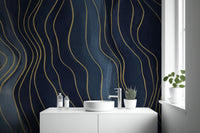 Contemporary Navy Blue with Gold Lines Mural
