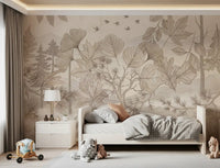 Fresque murale artistique représentant un sentier forestier sépia