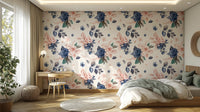 Soft floral wallpaper in navy & peach
