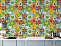 Funky retro floral wallpaper with bold flower prints
