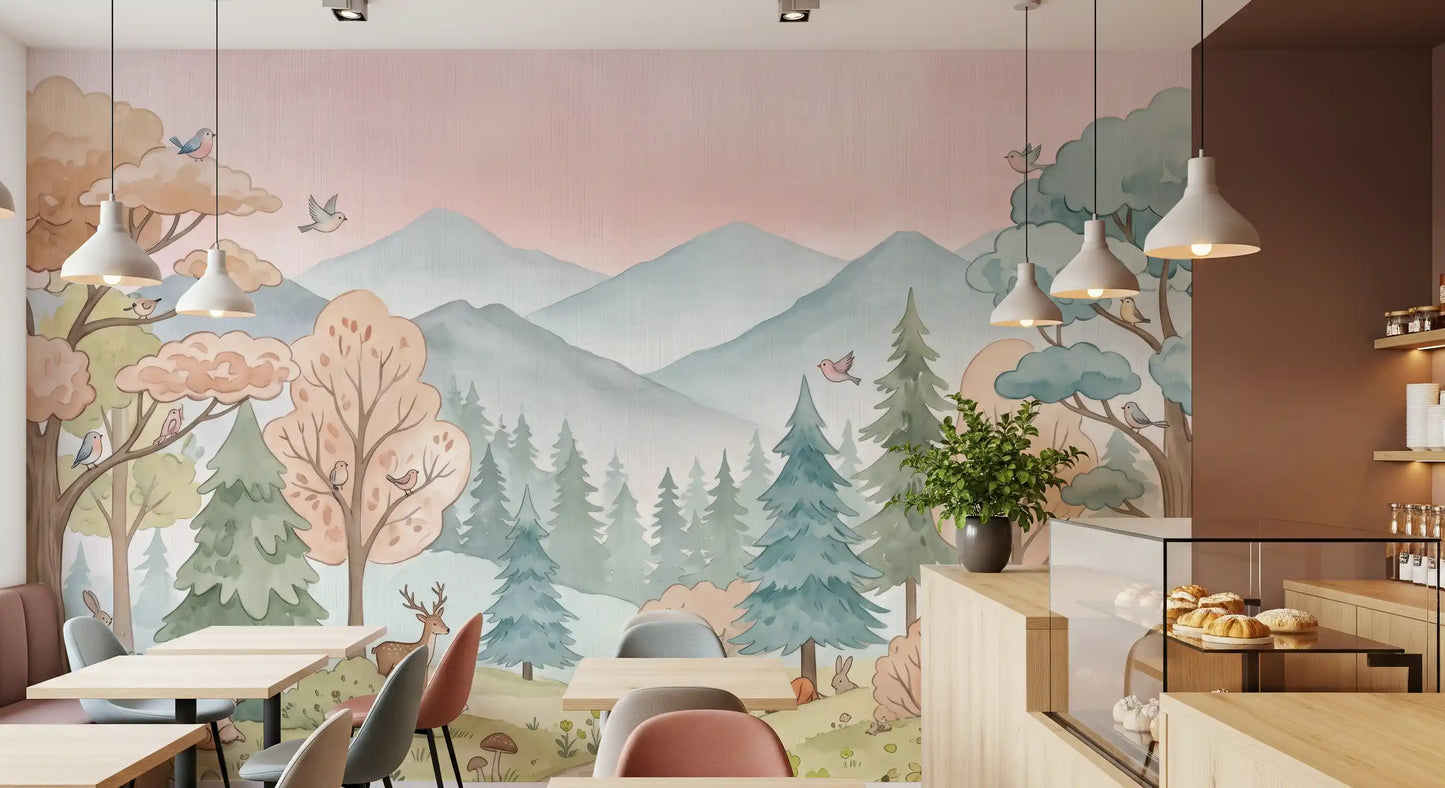 Fresque murale représentant un sentier forestier enchanteur dans les bois