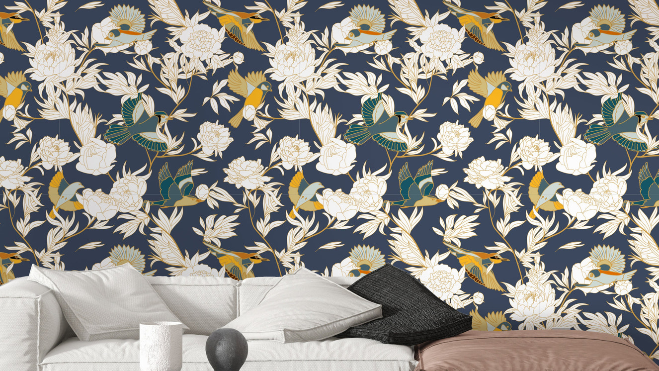 Graceful birds and peonies floral wallpaper