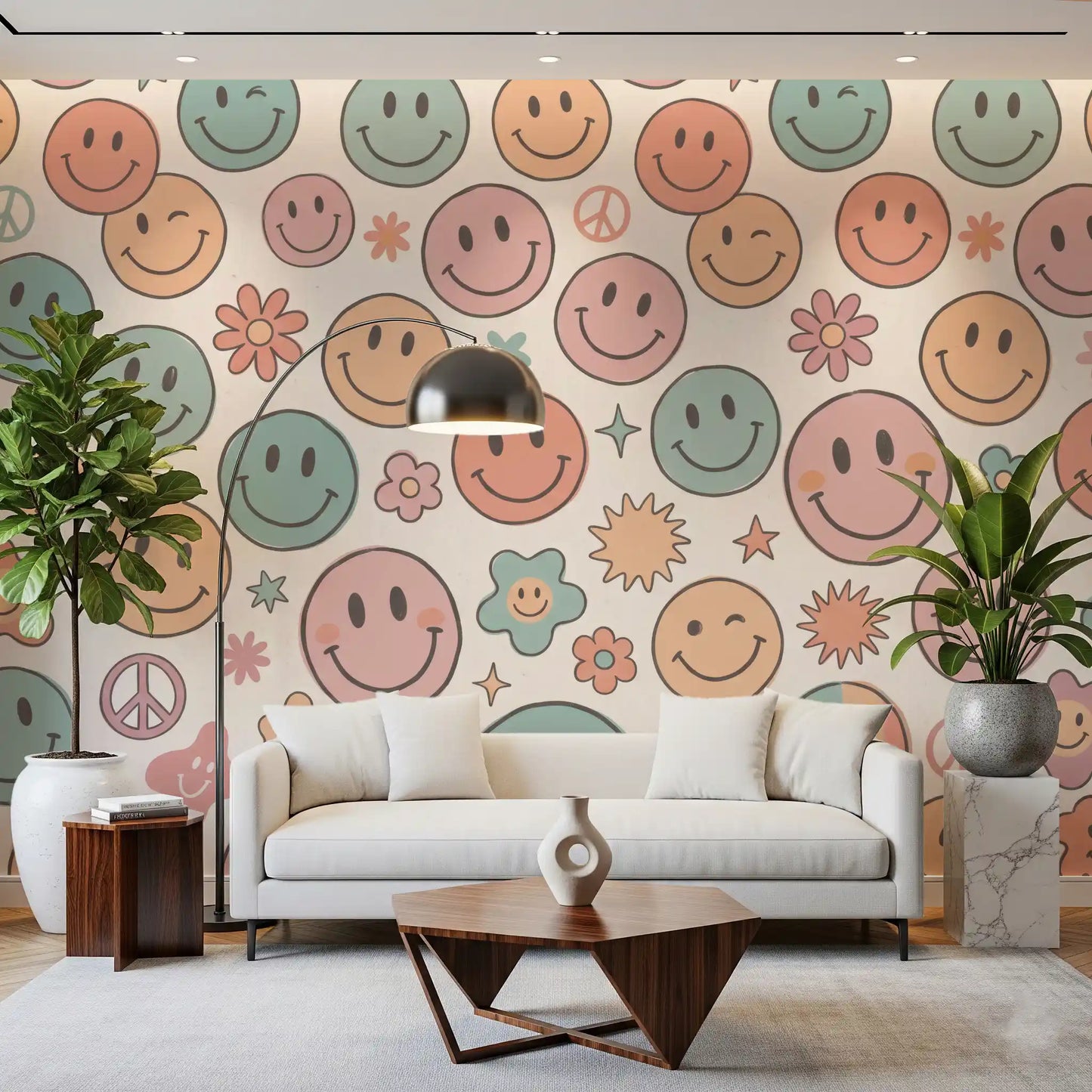 Papier peint panoramique mural rétro à visages joyeux et sourires psychédéliques