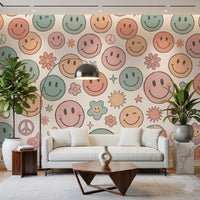 Papier peint panoramique mural rétro à visages joyeux et sourires psychédéliques