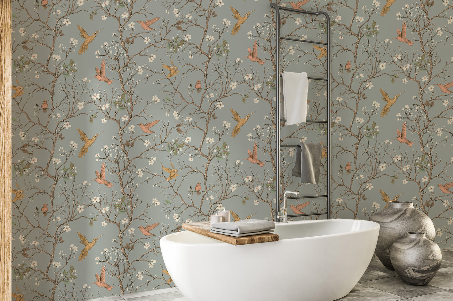 Classic floral wallpaper with hummingbirds