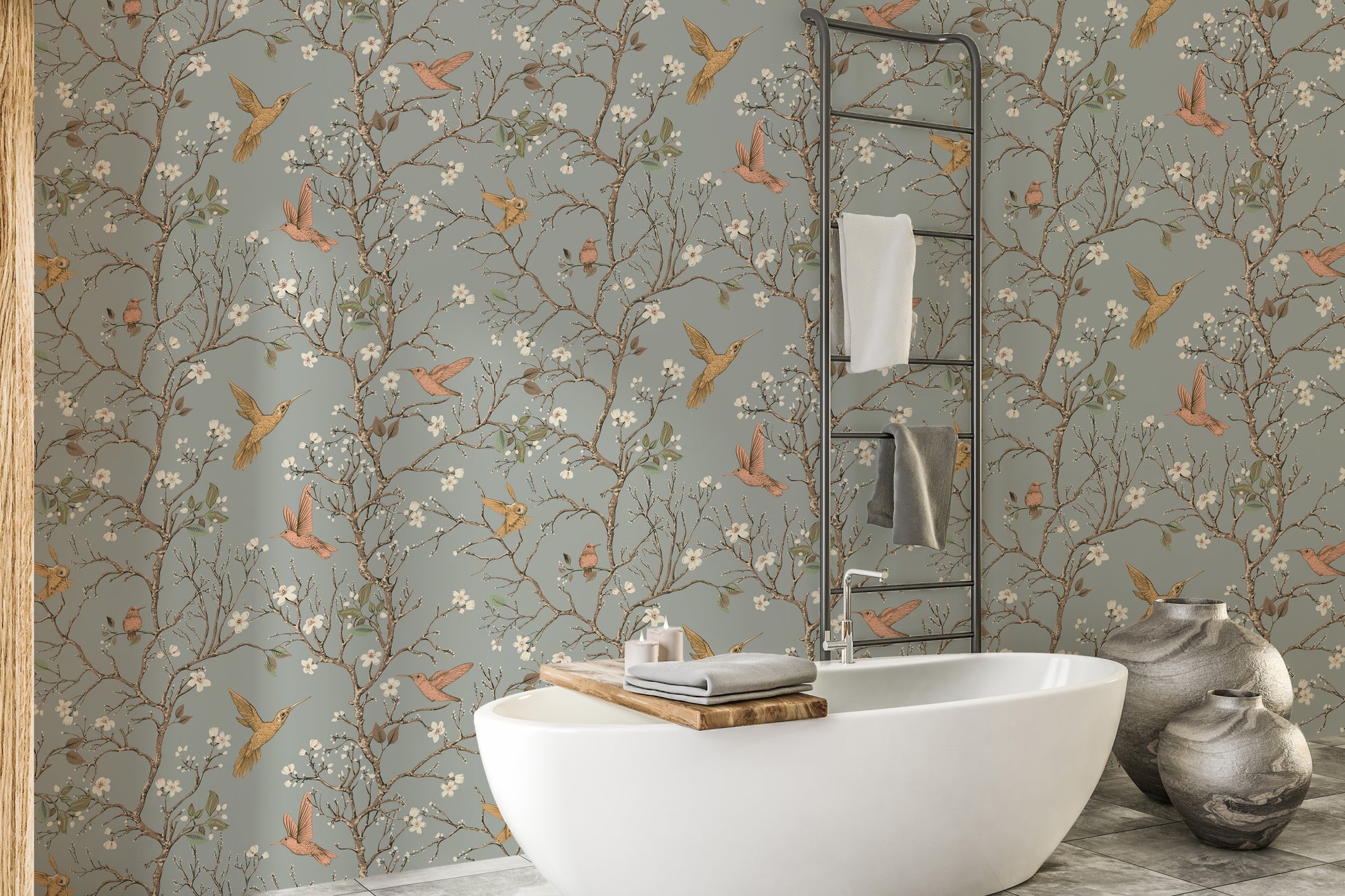 Classic floral wallpaper with hummingbirds