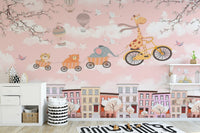 Kids' nursery wallpaper with cycling animals

