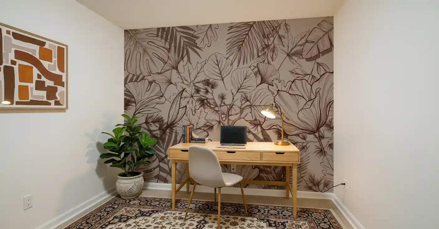 Papier peint panoramique mural botanique monochrome en dessin au trait