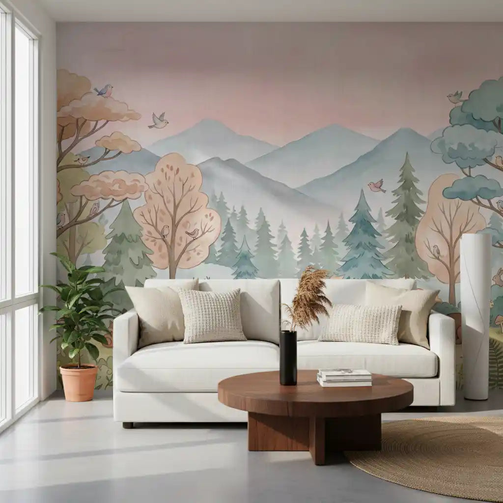 Fresque murale représentant un sentier forestier enchanteur dans les bois