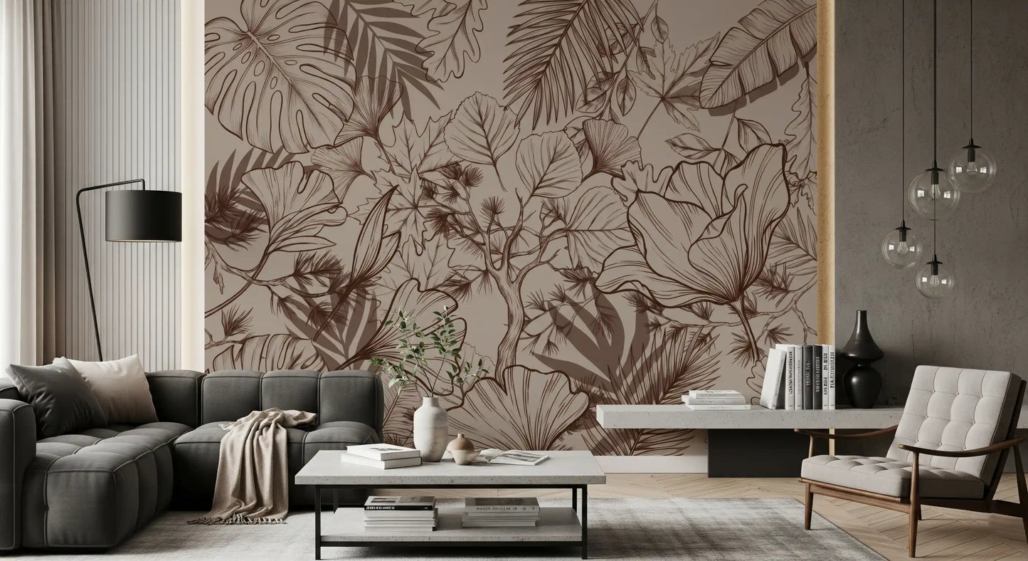 Papier peint panoramique mural botanique monochrome en dessin au trait