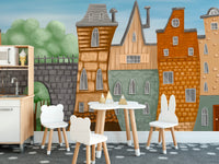 Whimsical city wallpaper for kids' rooms
