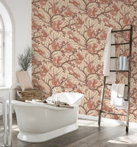 Autumn oak tree wallpaper with squirrel pattern

