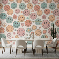 Papier peint panoramique mural rétro à visages joyeux et sourires psychédéliques