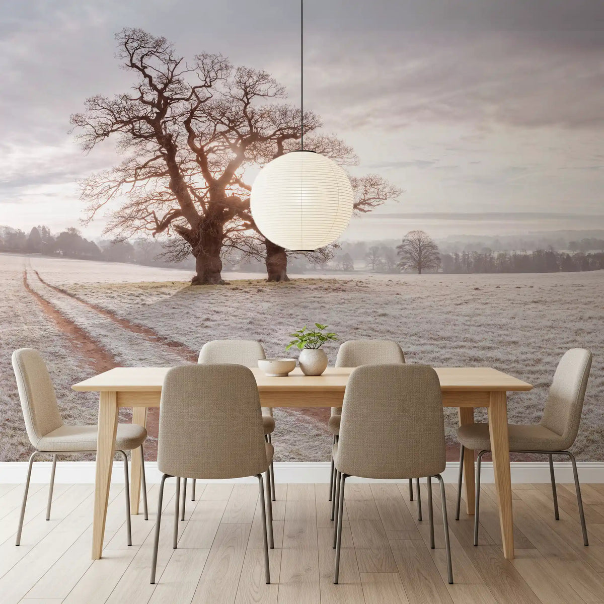 Wandbild „Nebeliger Morgen auf der Wiese“