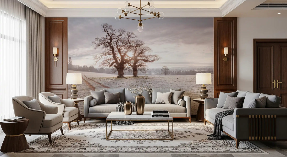 Wandbild „Nebeliger Morgen auf der Wiese“