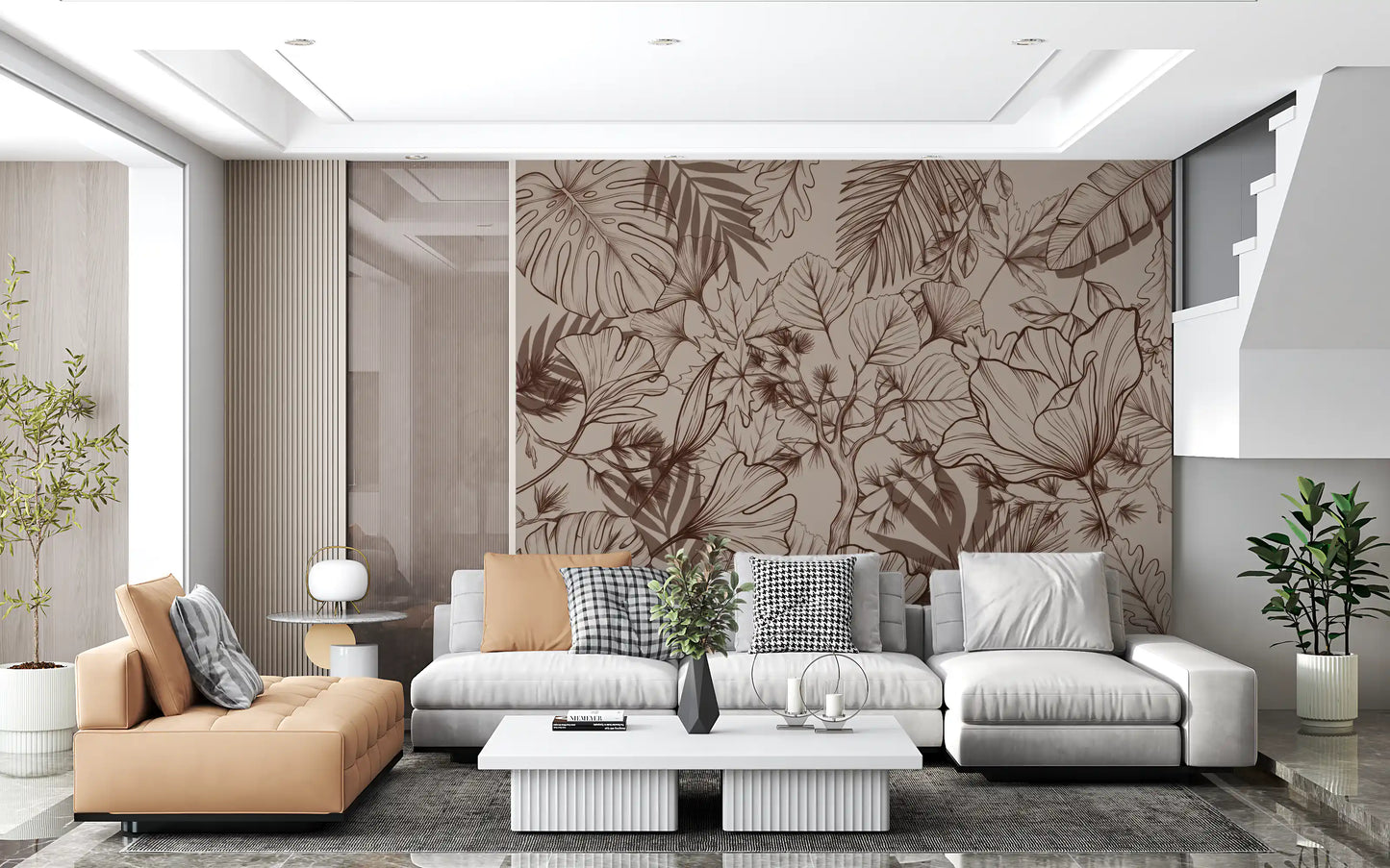 Papier peint panoramique mural botanique monochrome en dessin au trait