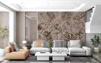 Papier peint panoramique mural botanique monochrome en dessin au trait