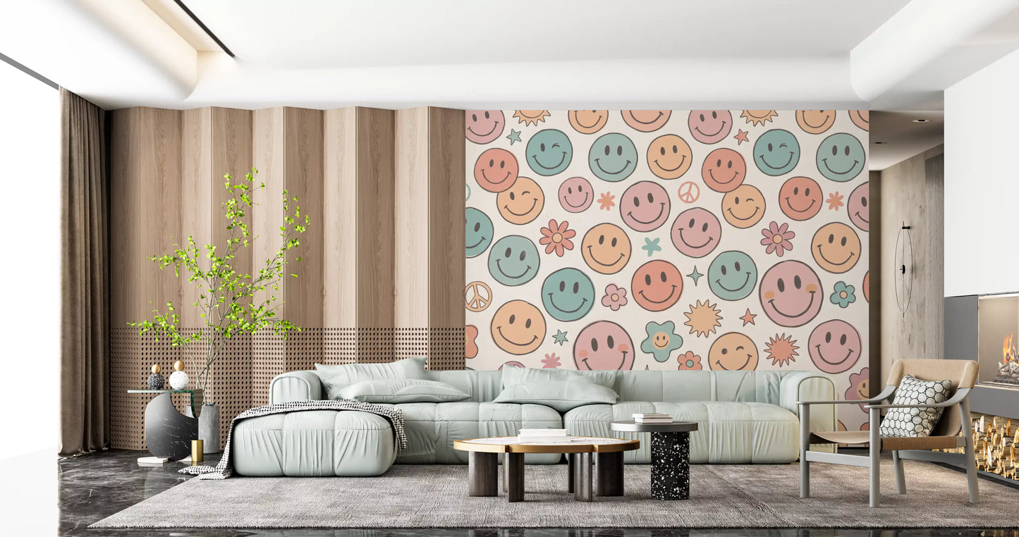 Papier peint panoramique mural rétro à visages joyeux et sourires psychédéliques