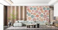 Papier peint panoramique mural rétro à visages joyeux et sourires psychédéliques