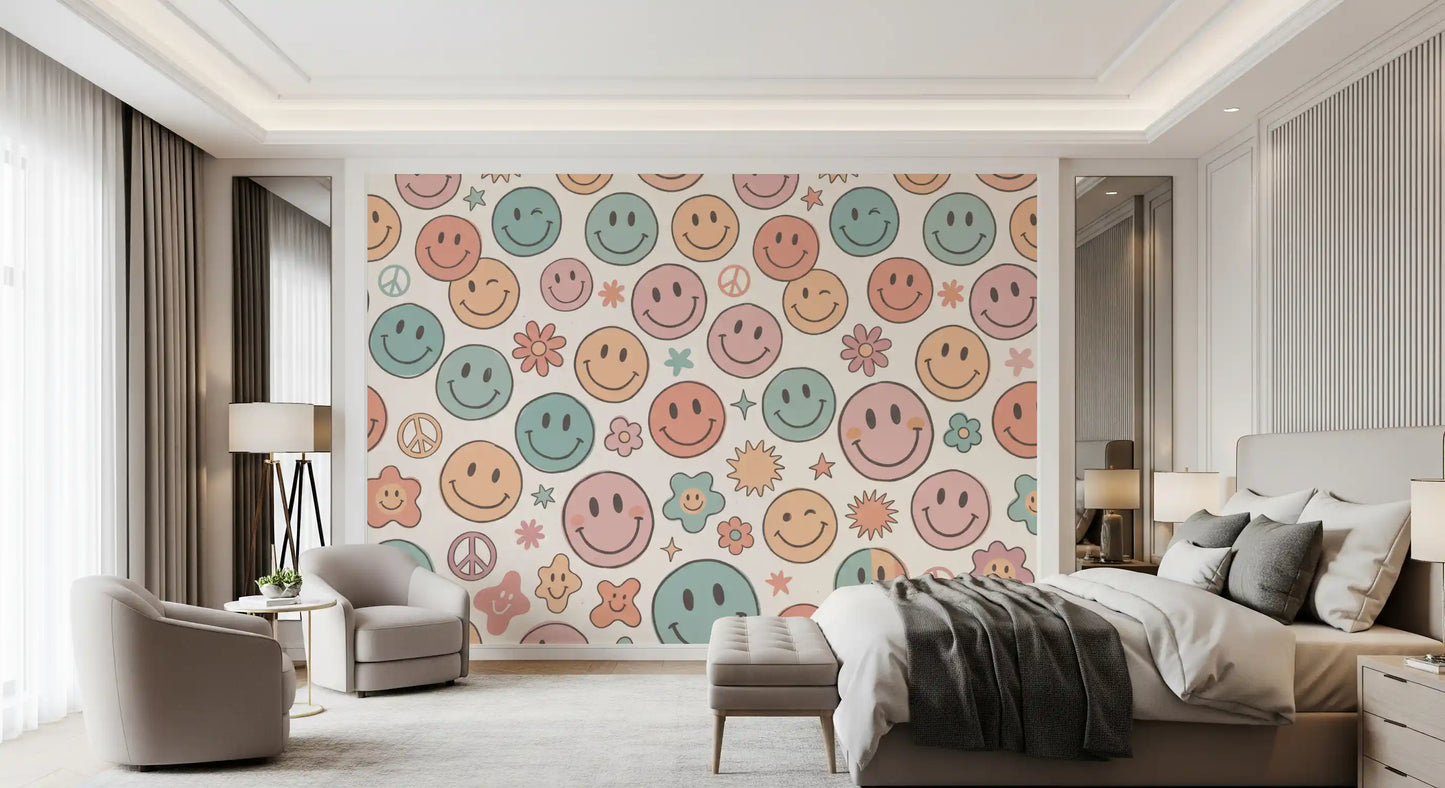 Papier peint panoramique mural rétro à visages joyeux et sourires psychédéliques