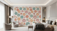 Papier peint panoramique mural rétro à visages joyeux et sourires psychédéliques