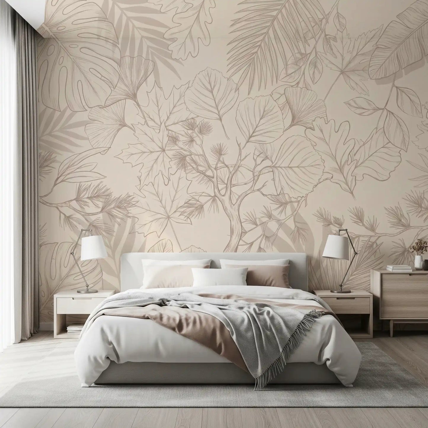 Papier peint panoramique crème avec croquis de feuilles botaniques