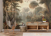 Artistic riverside forest mural with calming watercolor effect