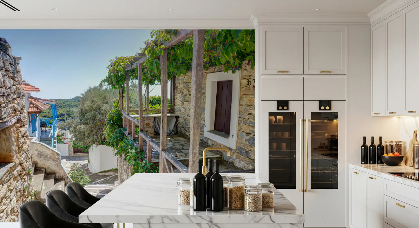 Murale da parete “Rifugio rustico sulle colline con pergola”