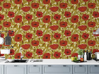 Charming red poppy vintage wallpaper for cozy, retro-inspired decor.
