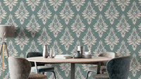 Easy Apply Green Damask Pattern Wallpaper
