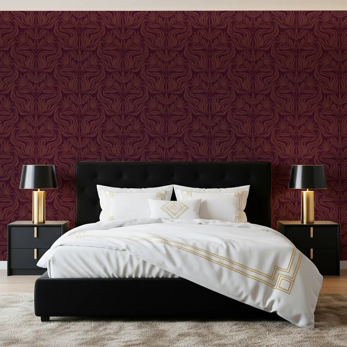 Papel tapiz con patrón floral de damasco en burdeos intenso