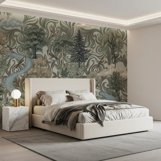 Wandbild „Flucht am Fluss im nebligen Wald“