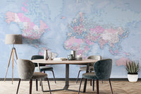 Stylish blue world map mural for sophisticated wall decor.
