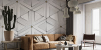 White triangle pattern wallpaper with a 3D textured effect.