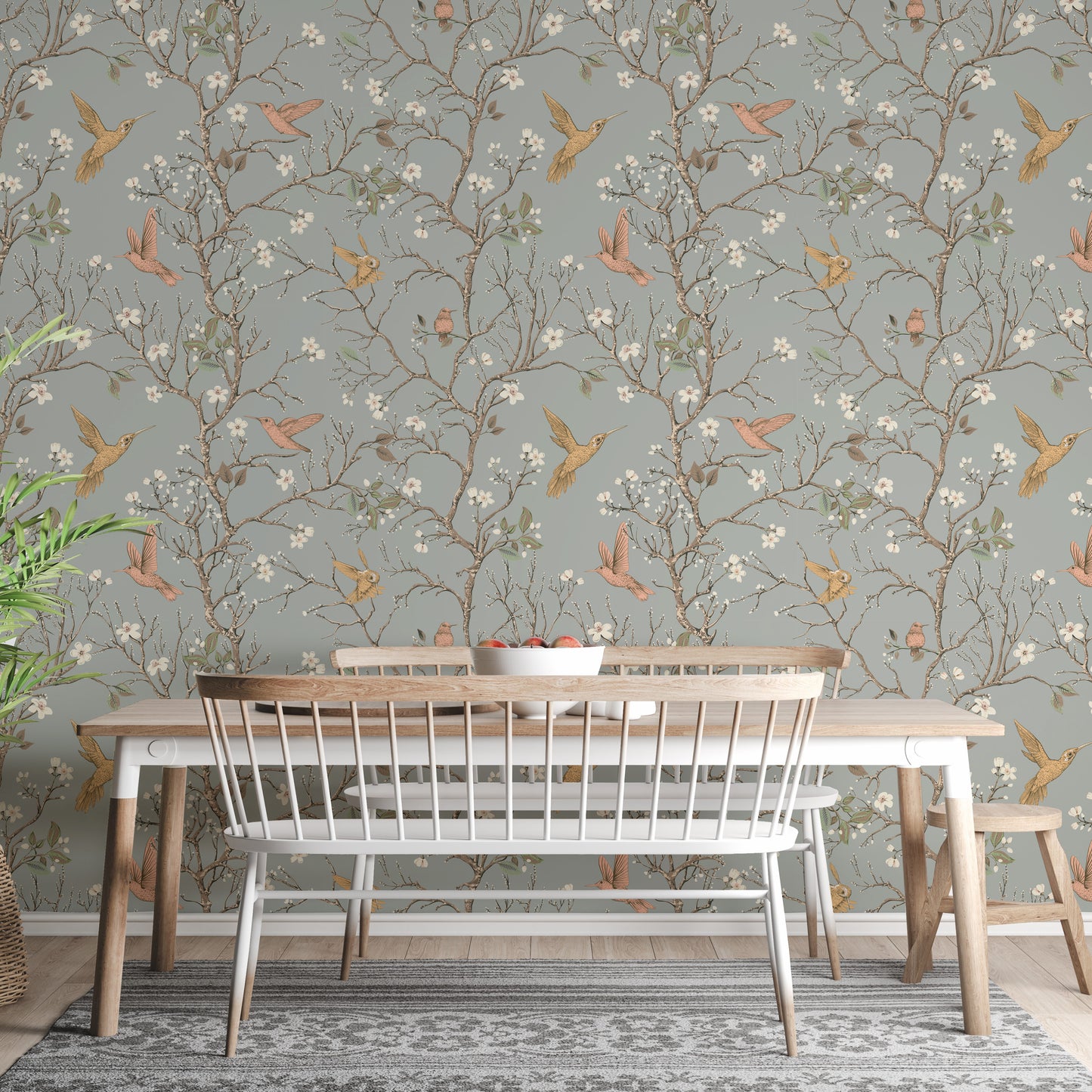 Soft pastel bird and flower mural design