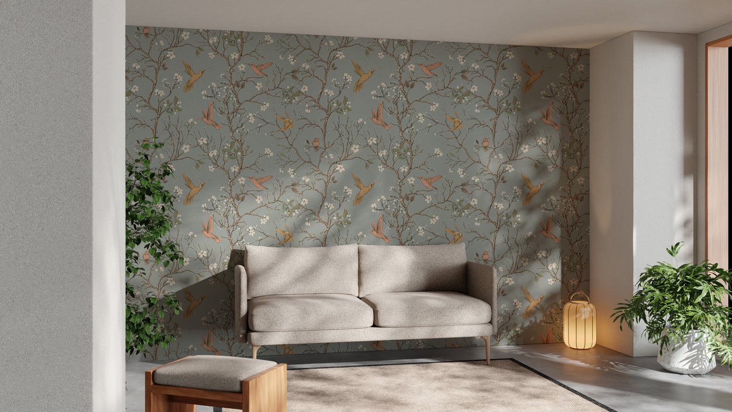 Birds perched in a retro floral wallpaper