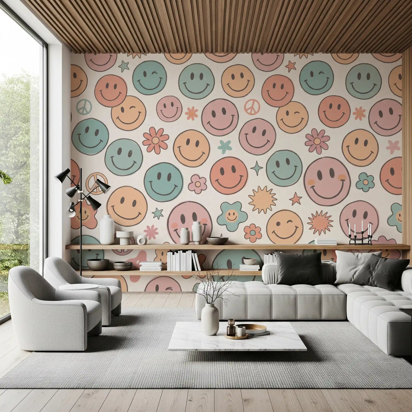 Papier peint panoramique mural rétro à visages joyeux et sourires psychédéliques