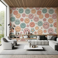 Papier peint panoramique mural rétro à visages joyeux et sourires psychédéliques