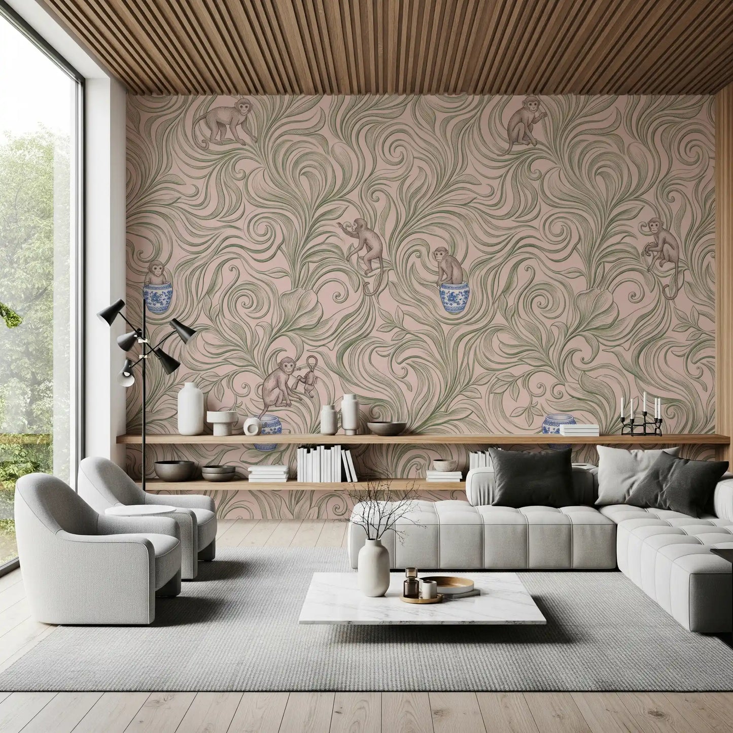 Mural panoramique mural représentant des singes espiègles dans des vases en porcelaine